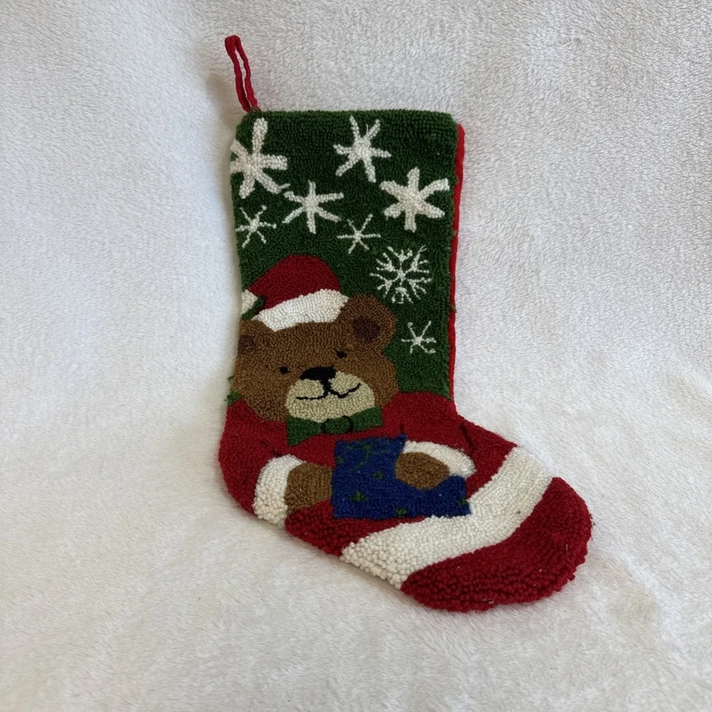 Vintage Style Hooked Wool Christmas Stocking Teddy Bear Santa Hat Snowflakes Red